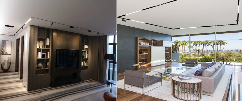 Recessed trimless magnetic track lighting installed in a luxury boutique hotel lobby with dark wood paneling and marble flooring, showcasing warm 2700K spotlight and wall washer illumination in a heritage-sensitive Florence interior.